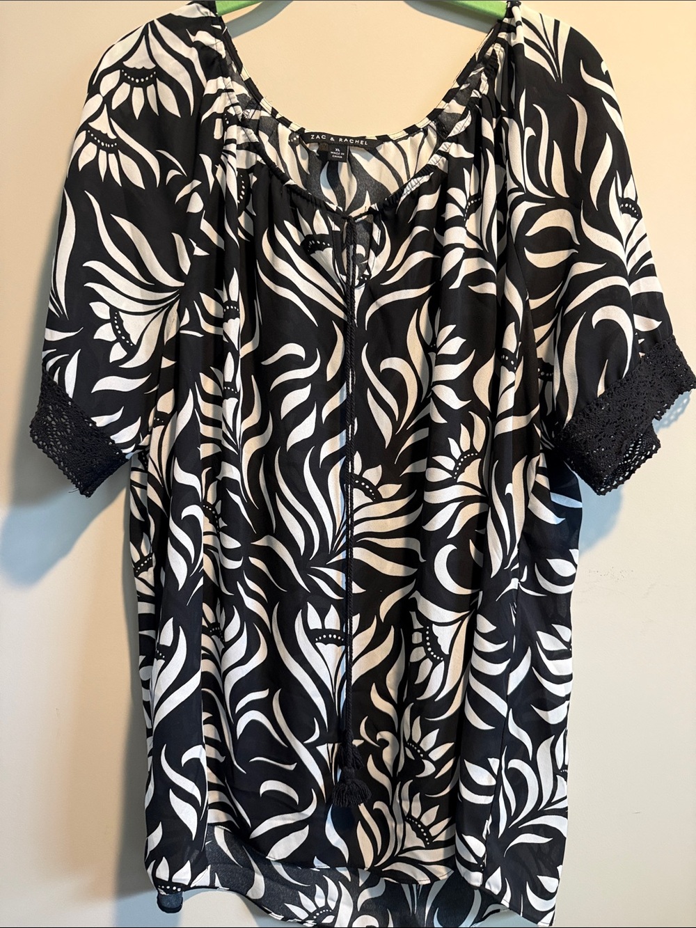 Zac & Rachel Black and White Floral Drawstring Peasant Tunic